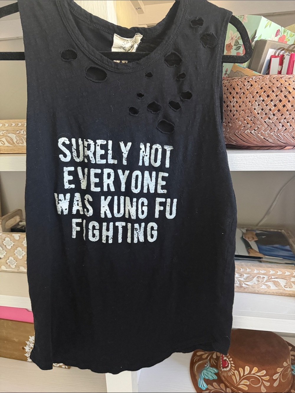 Black Graphic Distressed Tank Top - "Surely Not Everyone Was Kung Fu Fighting” M